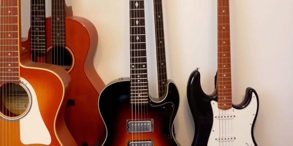 A rack of various guitars