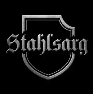 Text "Stahlsarg" in metallic Gothic font on a black background, with a silver shield outline, creating a dark, bold mood.