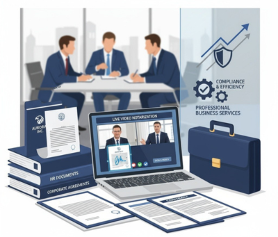 Corporate business document notarization with contracts, affidavits, and video conference for B2B online notary services