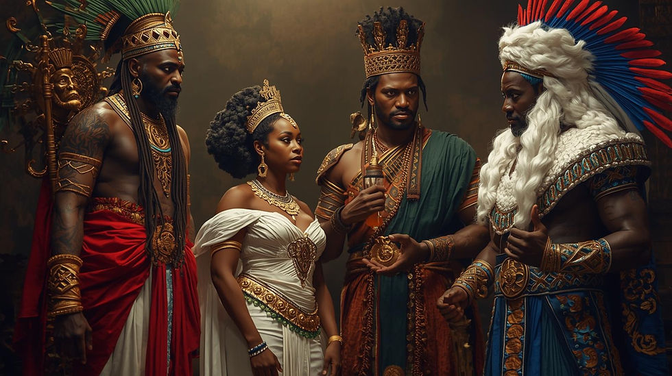 create a very realistic image of brown skin african gods and goddess, GOD Shango in red an