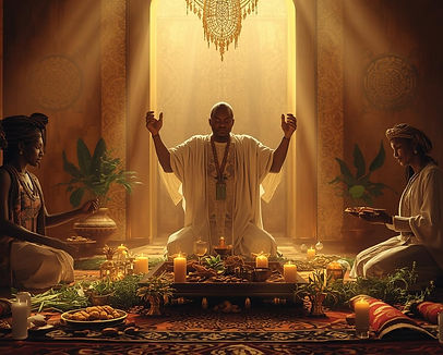 create image realistic of a spiritual Business cleanse with a african iyanifa and babalawo