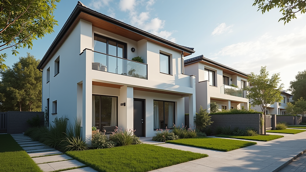 Eye-level view of a modern duplex rental property in a suburban neighborhood