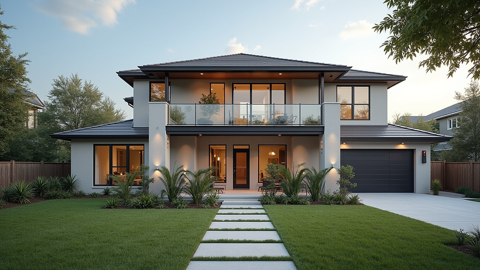 Eye-level view of a modern new home exterior in Houston