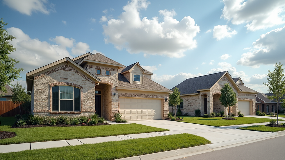 Wide angle view of a new home community in Houston with multiple houses