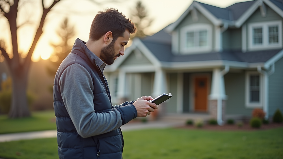 Close-up view of a real estate appraiser inspecting a house exterior