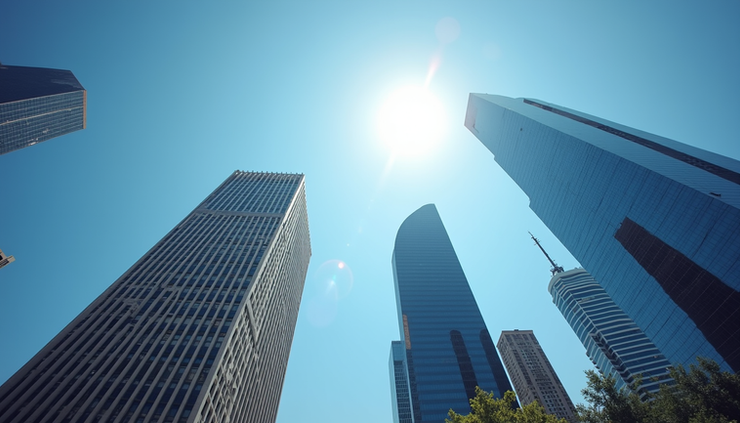 Eye-level view of Houston skyline with downtown buildings and clear sky