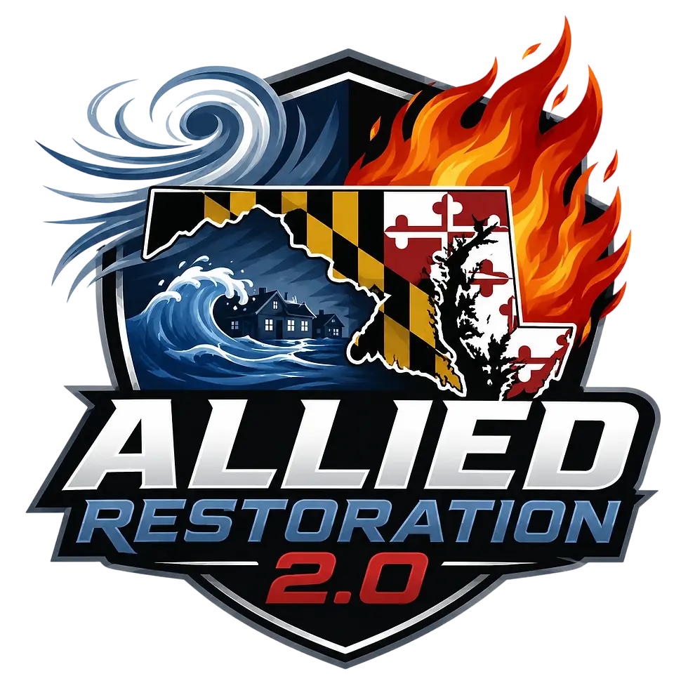 Logo for Allied Restoration 2.0 with shield, storm waves, Maryland flag, and fire