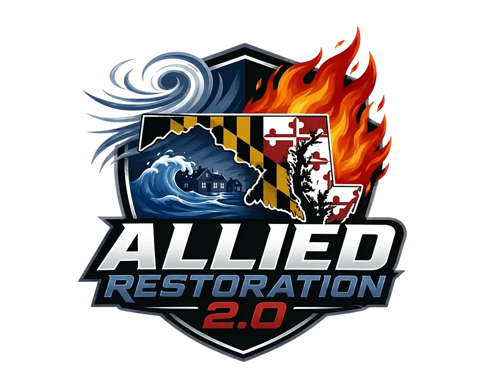 Logo for Allied Restoration 2.0 with shield, storm waves, Maryland flag, and fire, landscape, strong contrast, central emblem