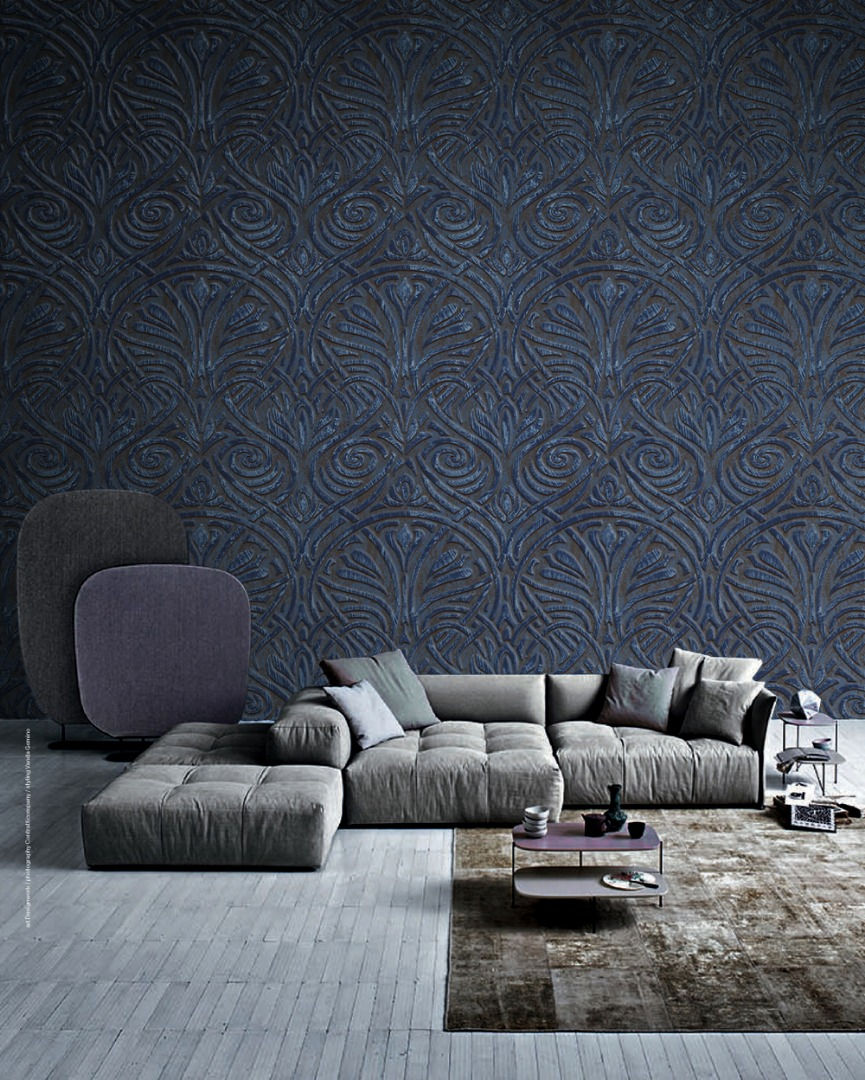 dark blue patterened wallpaper deisgn