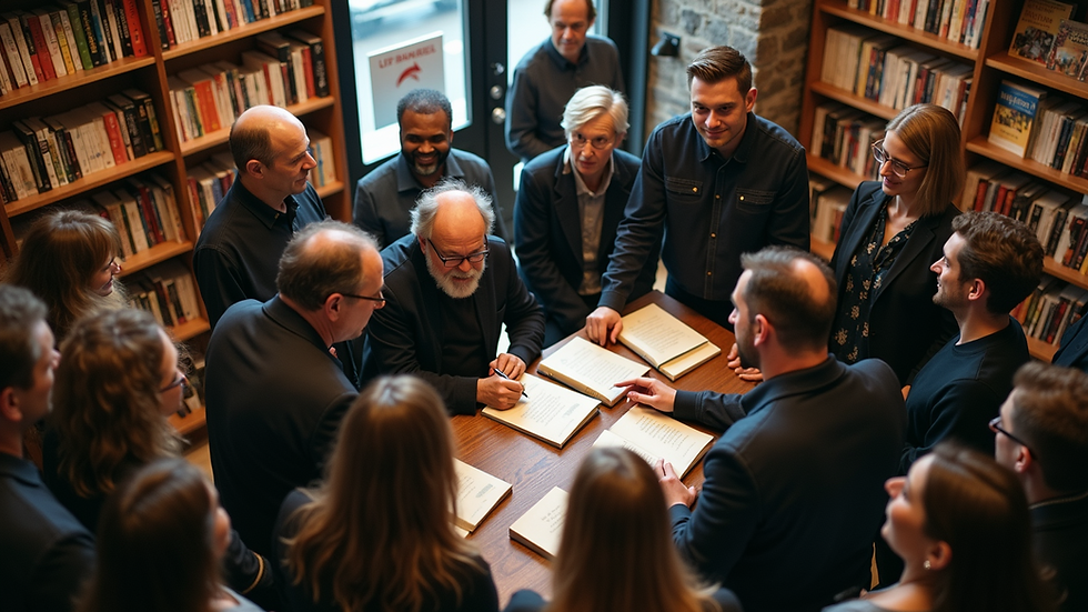 High angle view of a small crowd gathered around an author signing books at a local bookstore