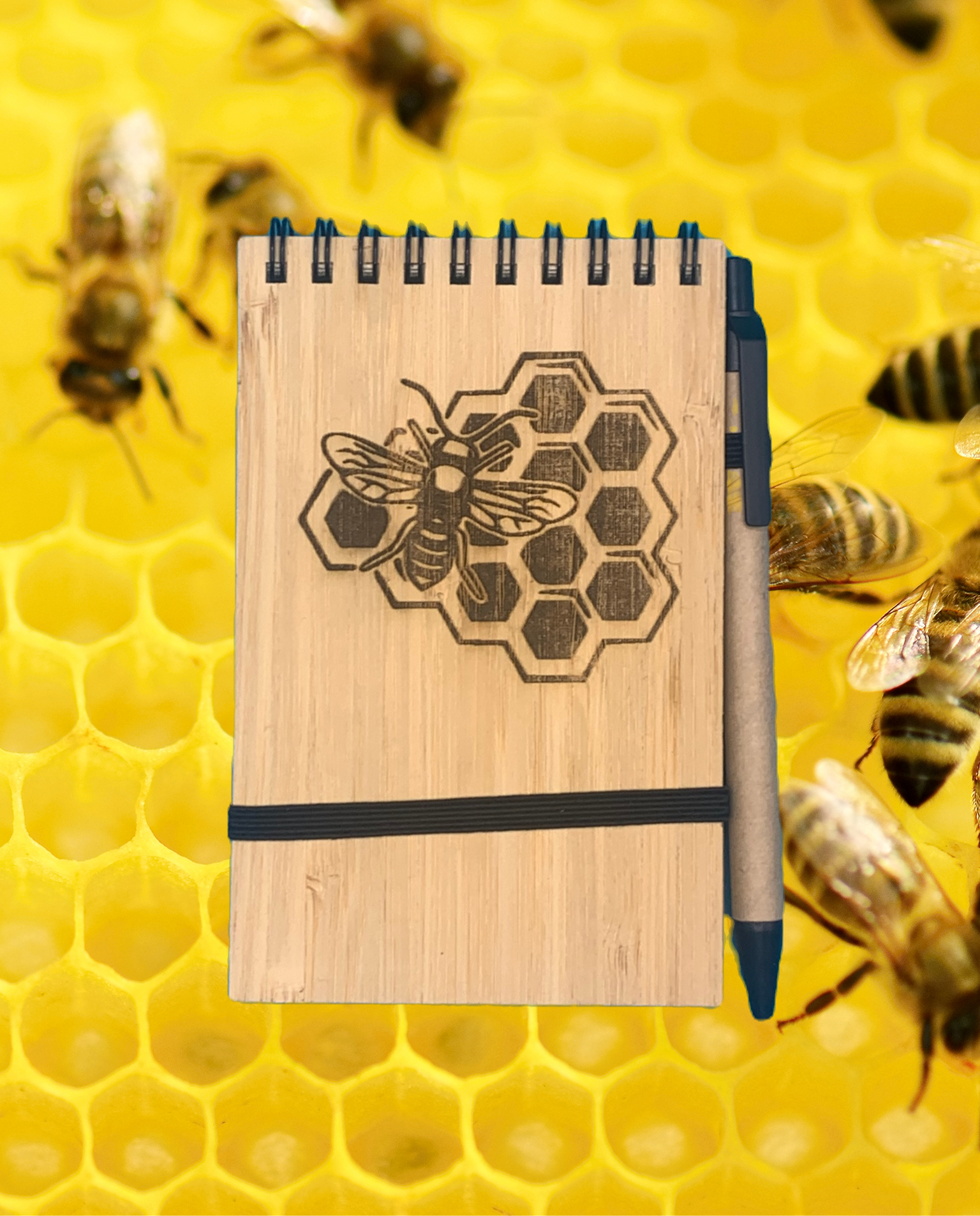 Bamboo Flip A6 Notebook and Pen - Bee Honeycomb