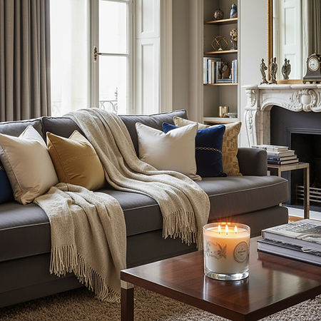 a luxurious high end room with throw blankets pillows and a burning candle.jpg