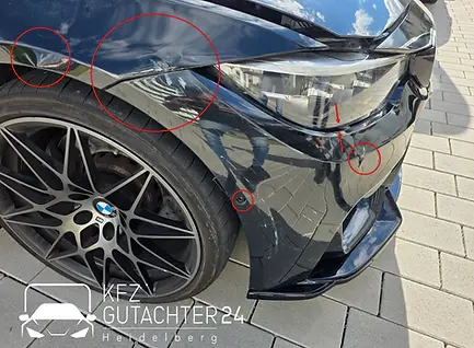 BMW M4 Competition mit Frontschaden wird begutachtet von einem Kfz Gutachter von Kfz Gutachter 24 Heidelberg für ein Unfallgutachten