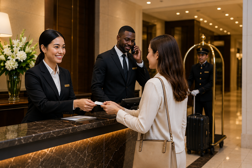 Professional front desk staff assisting a guest in a luxury hotel lobby with bright modern lighting.