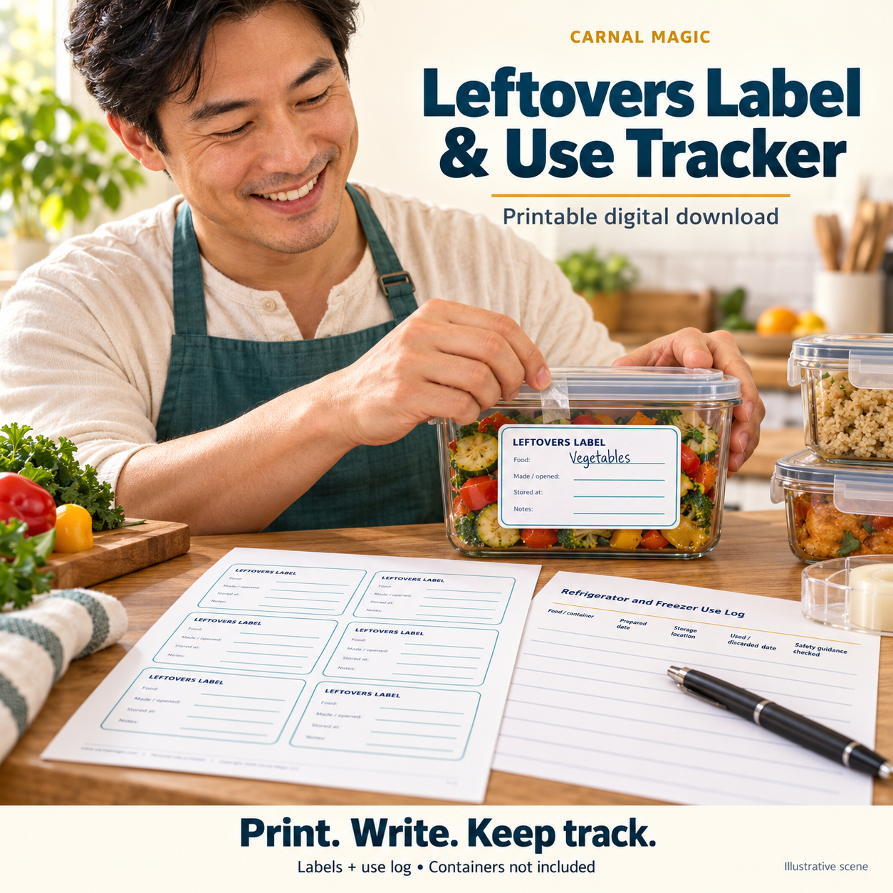 Illustrative kitchen scene showing the printable Leftovers Label & Use Tracker labels and use log; containers are not included.