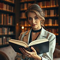 Books: woman holding an open book in a library.