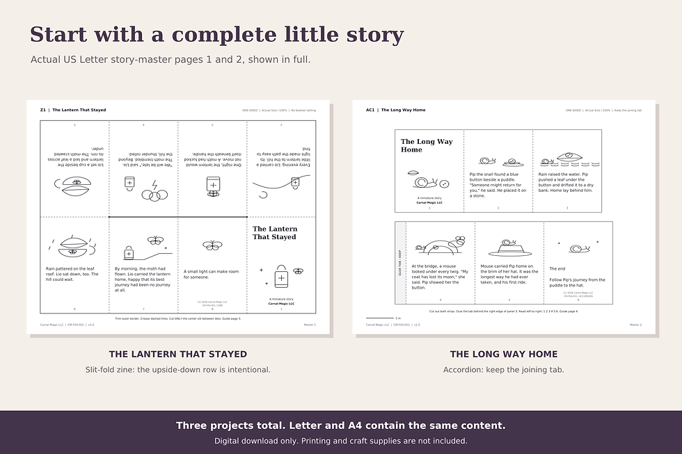 Complete actual US Letter story-master pages 1 and 2: The Lantern That Stayed slit-fold zine and The Long Way Home six-panel accordion.
