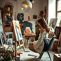 Featured: artist working at an easel in a sunlit studio.