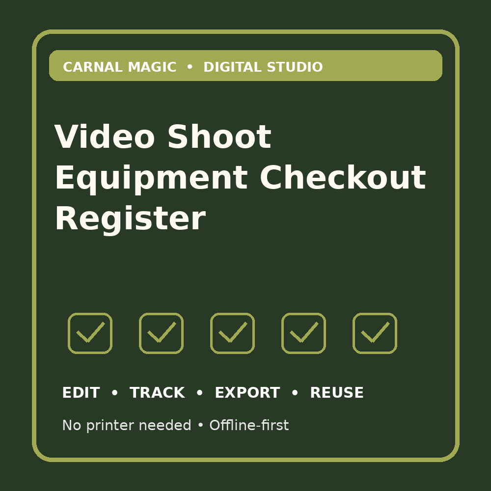 Video Shoot Equipment Checkout Register interactive digital organizer cover art