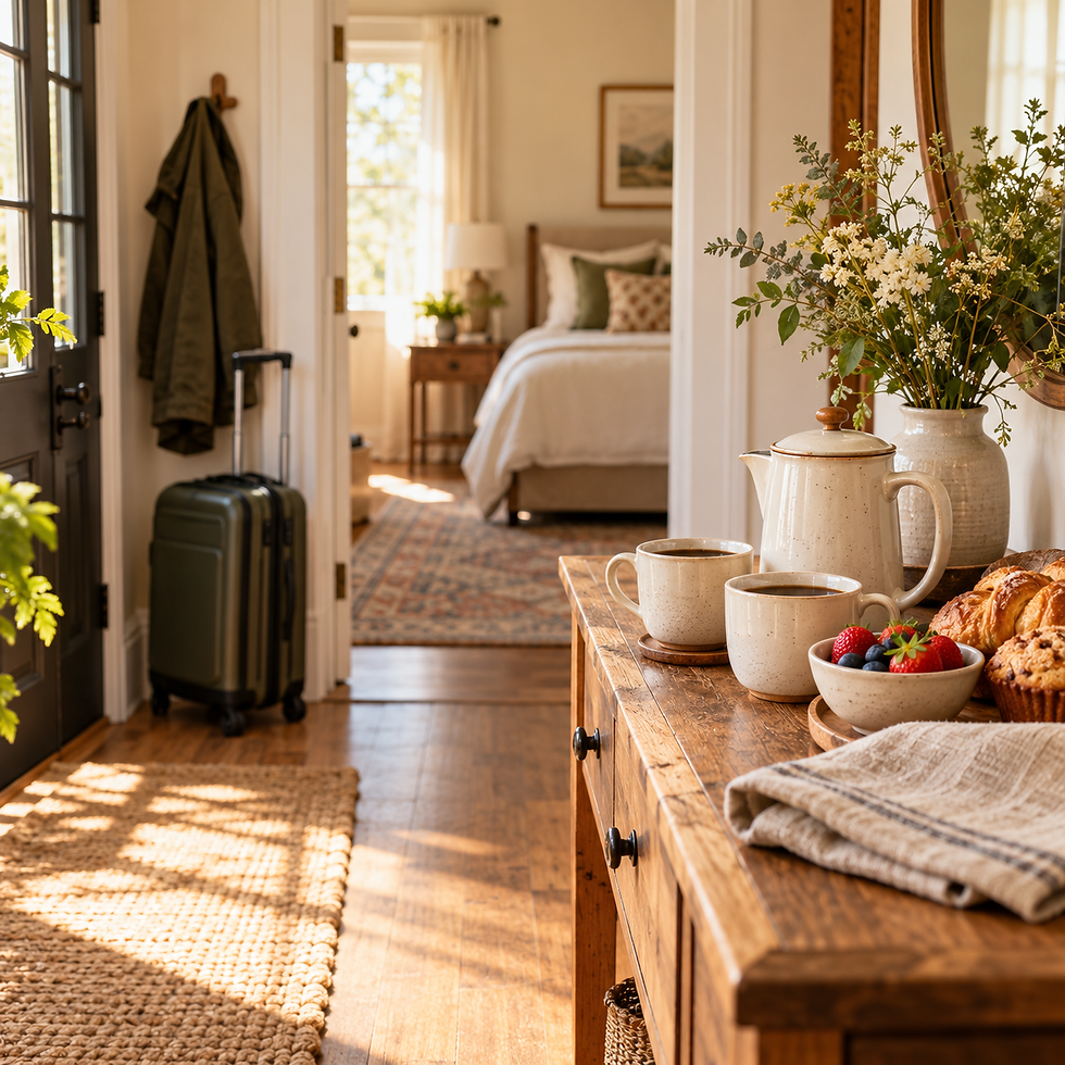 Welcoming guest room with luggage and breakfast hospitality