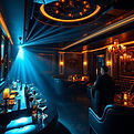 VIP: lounge interior with blue and gold lighting.