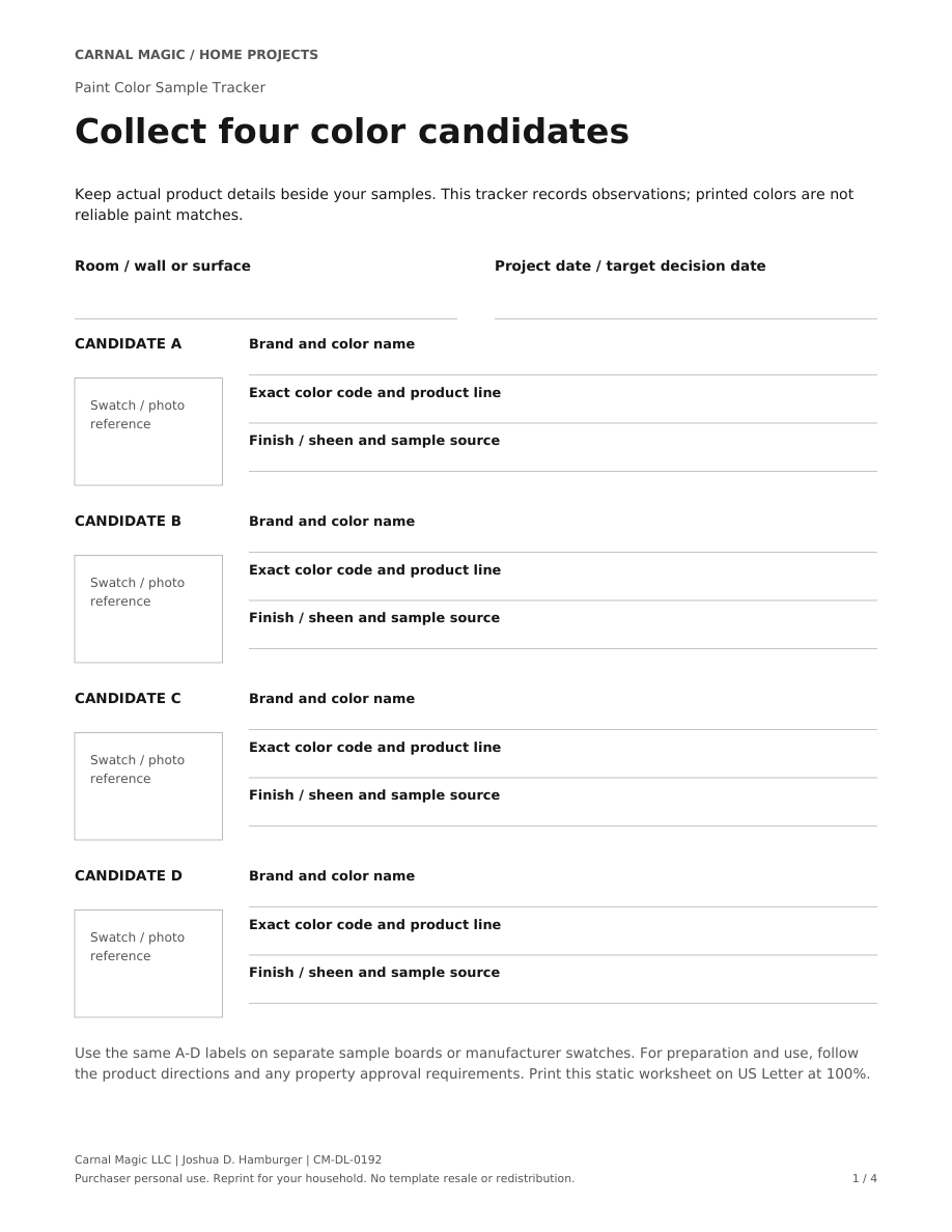 Paint-color candidate worksheet with four swatch-reference spaces and fields for brand, color code, product line, finish and sample source.