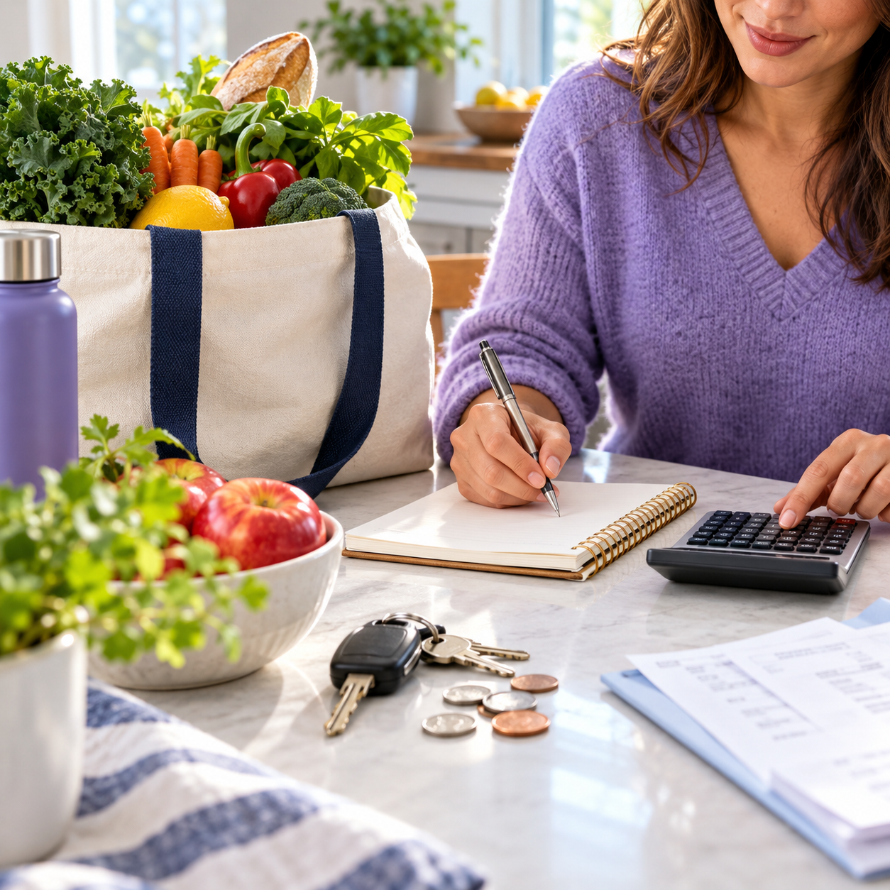 Groceries, keys, coins, blank notebook and calculator on a bright table.