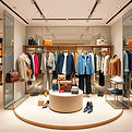 Merch: clothing and accessories displayed in a boutique.