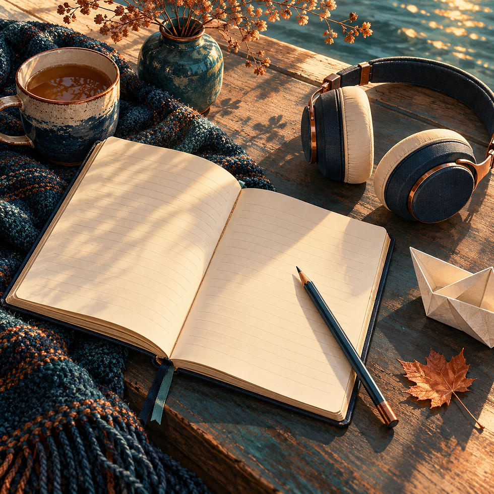 October in Full Sail Listening & Reflection Journal — illustrative cover art for a digital PDF download; pictured props are not included