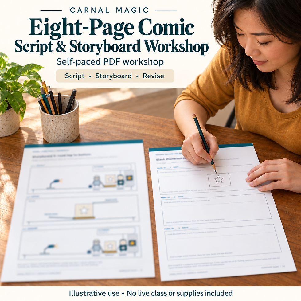 Illustrative adult planning comic panels using the self-paced Eight-Page Comic PDF guide