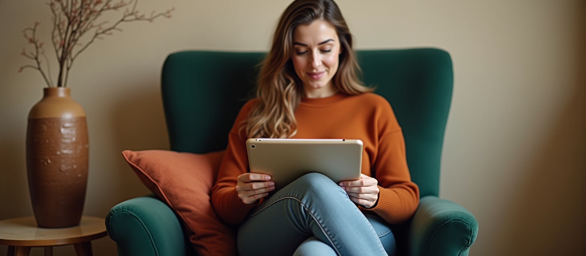 Woman in a green armchair using a digital tablet
