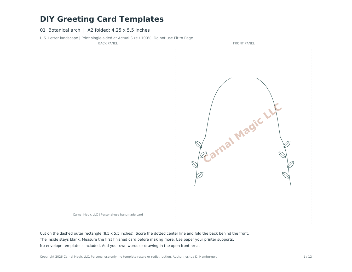 Actual botanical greeting card template with cut and fold guides and a diagonal Carnal Magic LLC preview watermark.