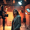 Videos: woman beside a film camera in a warmly lit studio.