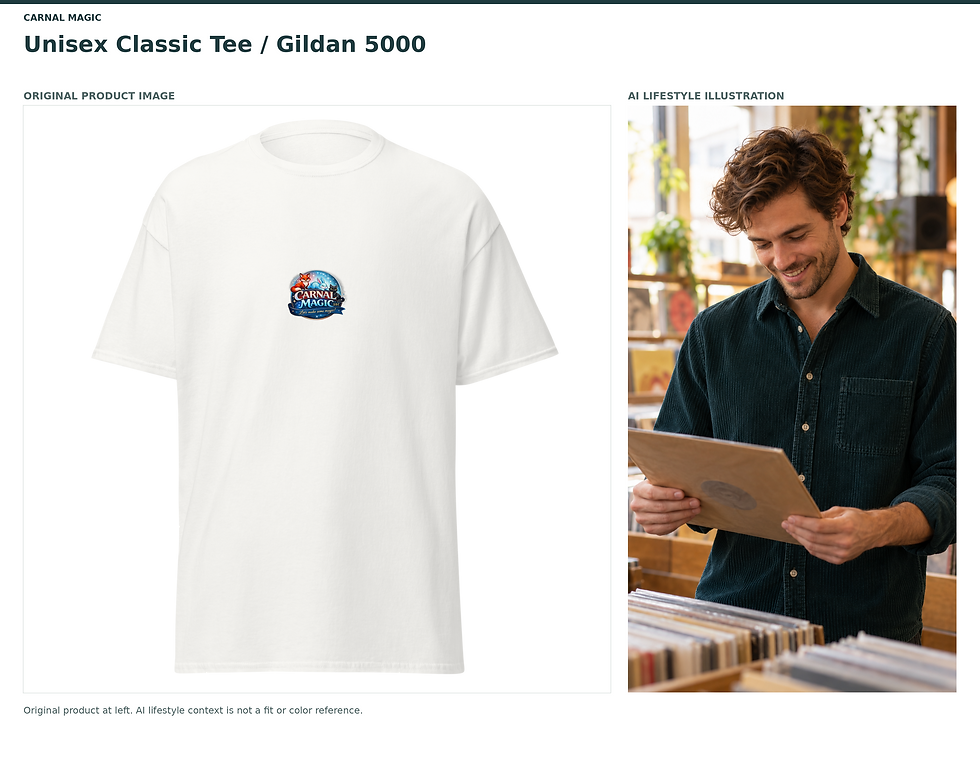 Unisex Classic Tee | Gildan 5000 with its unchanged original product image beside a separate, labeled AI-generated lifestyle illustration; the contextual scene is not the actual product.