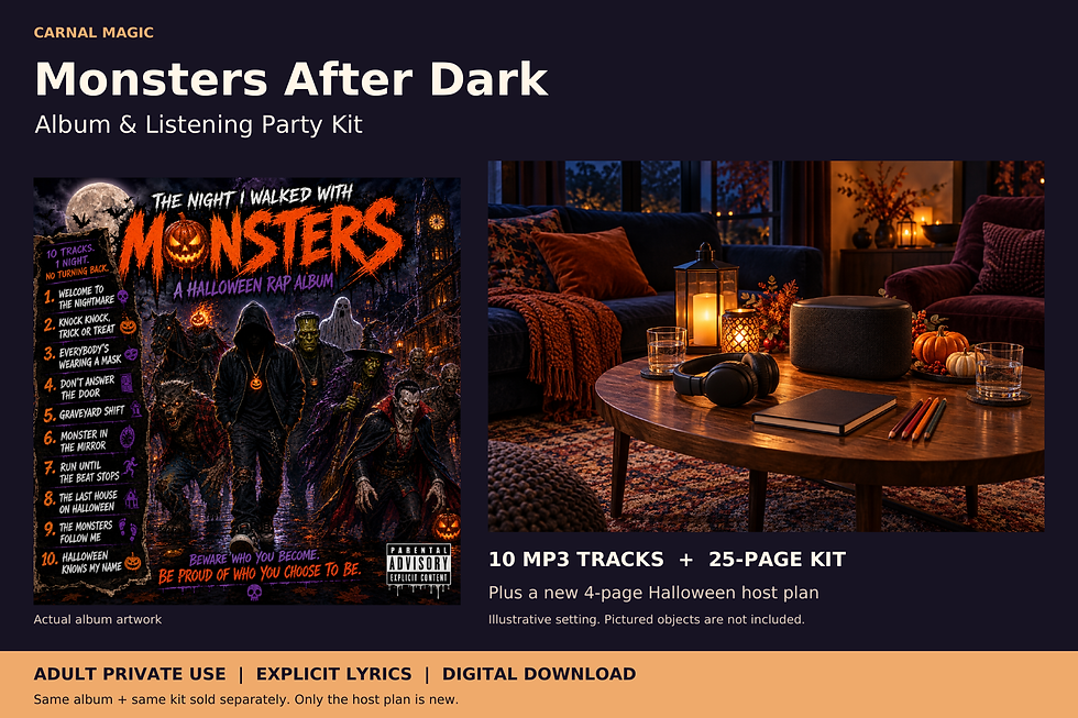 Monsters After Dark digital bundle: actual album artwork with Parental Advisory beside an illustrative Halloween listening setting; 10 MP3 tracks, existing 25-page kit and new four-page host plan. Pictured objects are not included.
