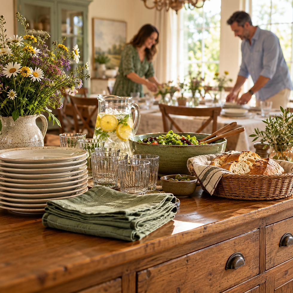 Hosts preparing food and a welcoming table for a family gathering
