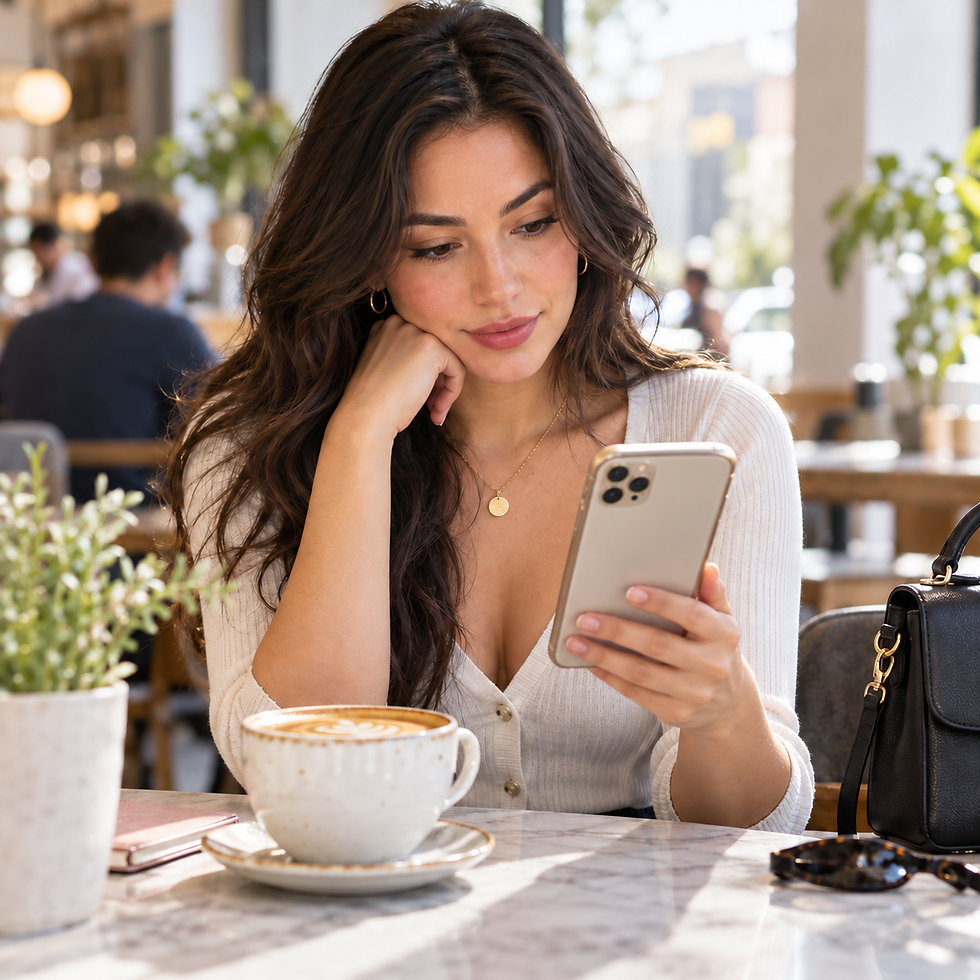 An adult woman thoughtfully checking a smartphone at a bright cafe table, abstract unreadable dating-chat screen, coffee and handbag nearby, calm personal privacy and preparation theme.