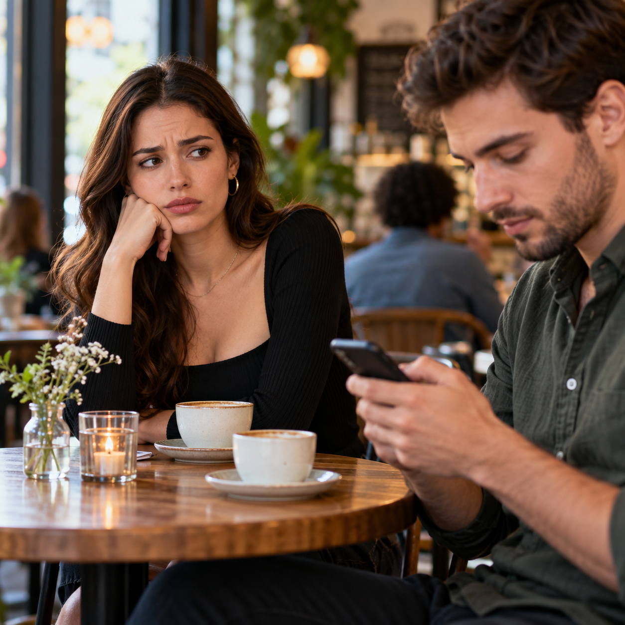 An adult woman on a first date in a public cafe looking thoughtfully uncomfortable while her adult date is distracted by his phone, calm realistic moment of noticing poor attention, no threatening behavior.