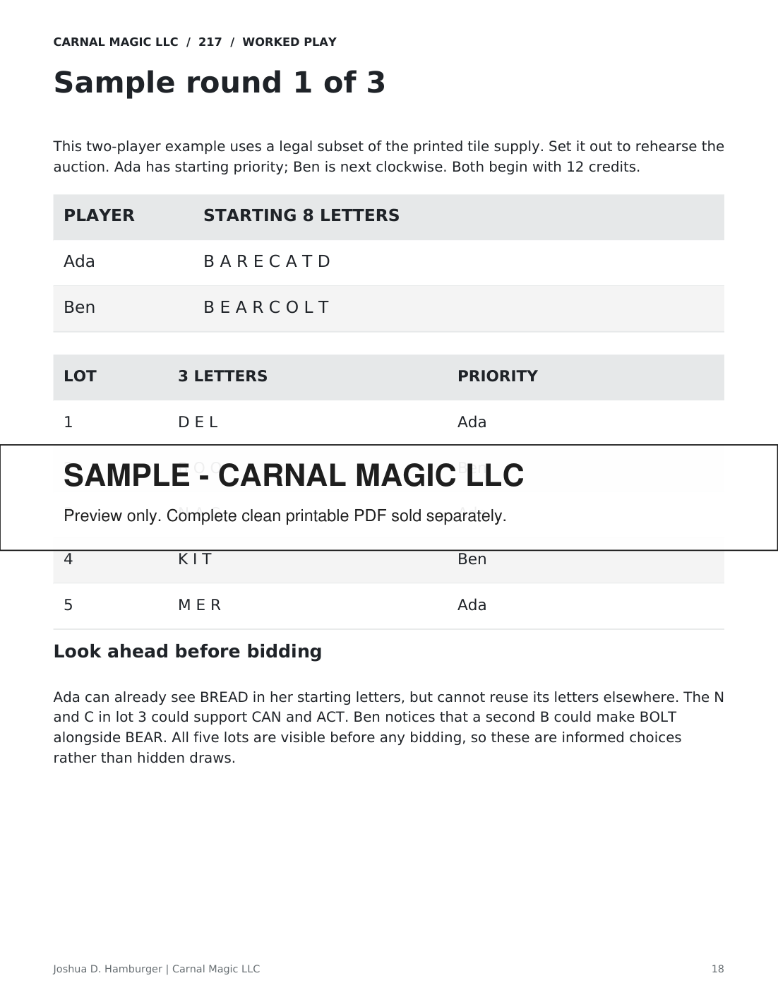 Watermarked actual-content preview of Word Market Letter-Bidding Game