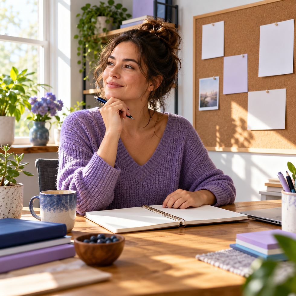 An adult planning goals beside a blank pinboard.