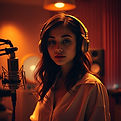 Music: singer wearing headphones beside a studio microphone.
