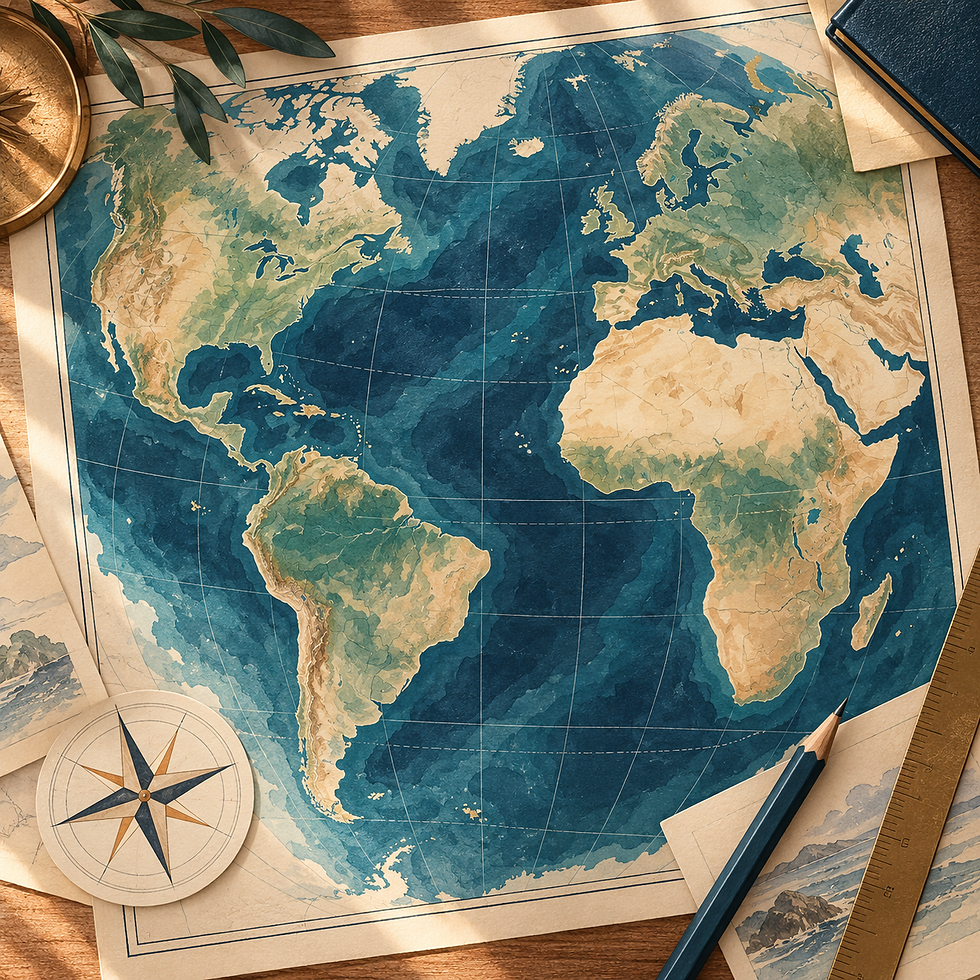 Map the Atlantic Geography Project Pack — illustrative cover art for a digital PDF download; pictured props are not included