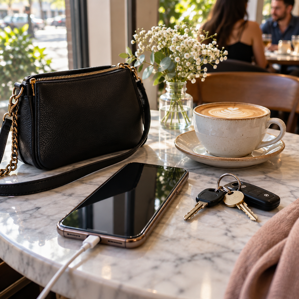 A close lifestyle still life of a charged smartphone with unreadable screen, small handbag, house keys and coffee on a public cafe table near a bright window, ready-for-a-date planning theme.