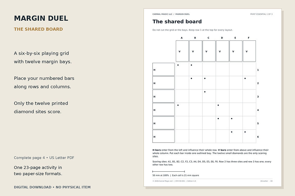 Complete board page from the Margin Duel US Letter PDF, showing six-by-six grid, margin bays and twelve scoring diamonds.