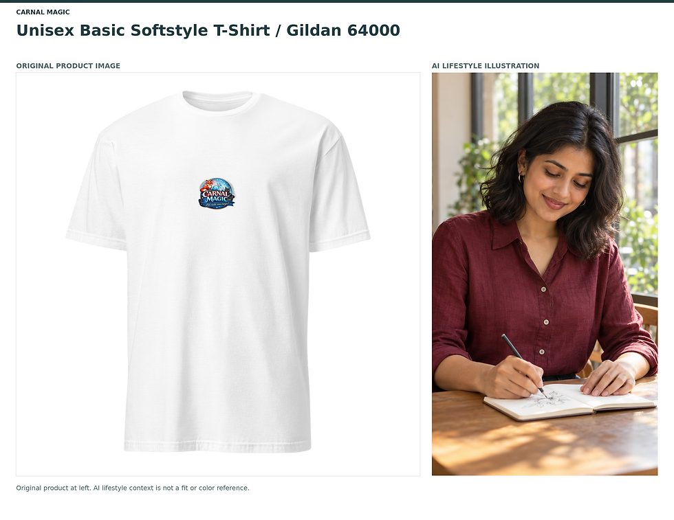 Unisex Basic Softstyle T-Shirt | Gildan 64000 with its unchanged original product image beside a separate, labeled AI-generated lifestyle illustration; the contextual scene is not the actual product.