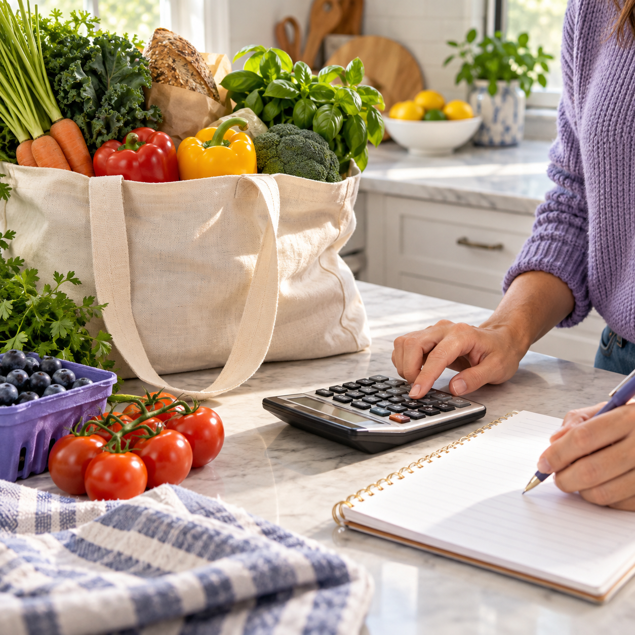 Fresh groceries in a reusable shopping bag beside a calculator and blank shopping list on a kitchen counter.