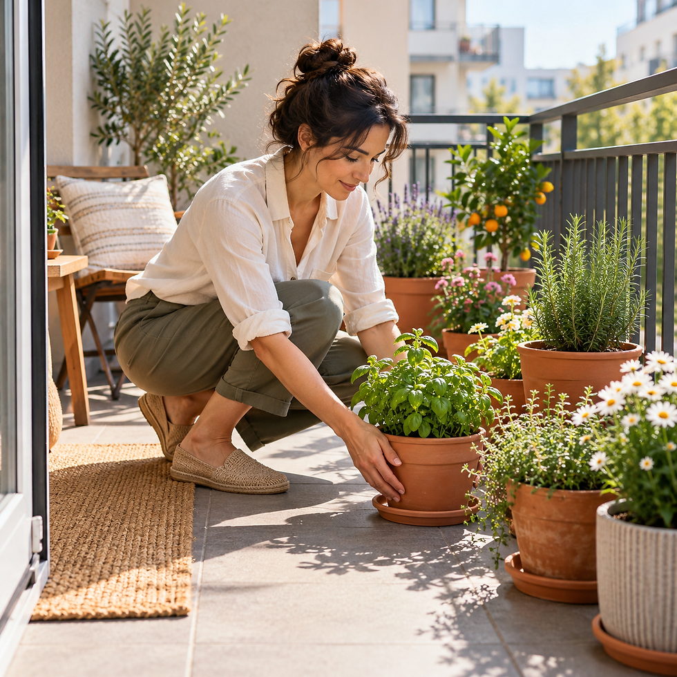 Adult arranging potted herbs and flowers on a balcony