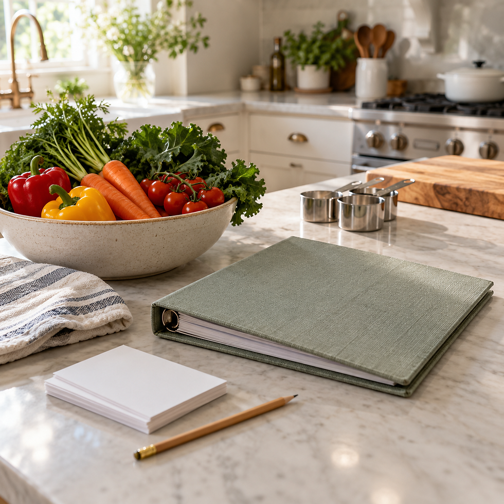 A plain closed binder, blank cards, pencil, measuring cups and fresh vegetables on a kitchen counter.