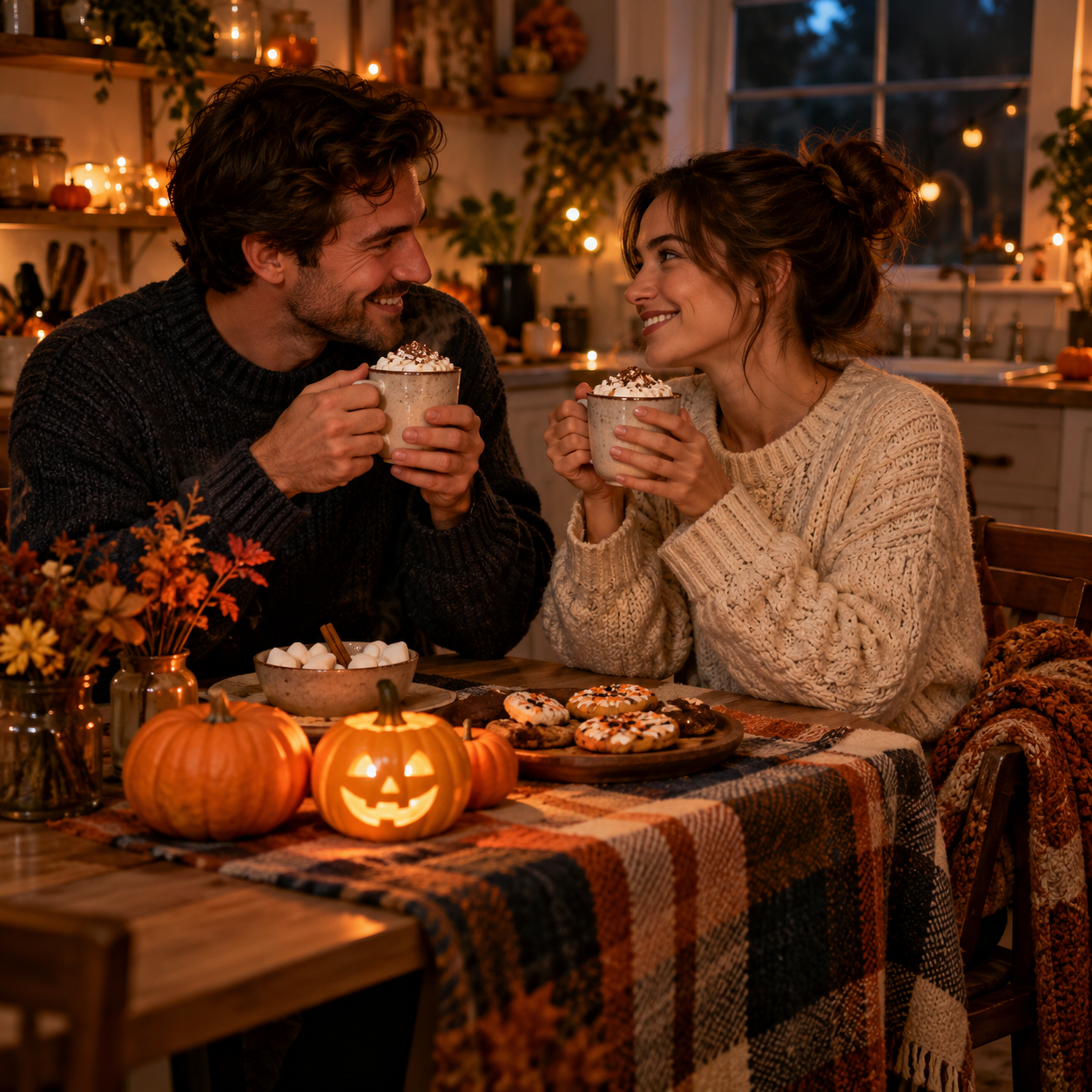 Couple enjoying a cozy Halloween cocoa date with pumpkins