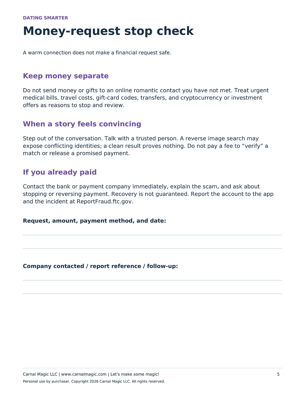 Page 5 of the Online Dating Safety Checklist PDF: Money-request stop check guidance and blank follow-up notes.